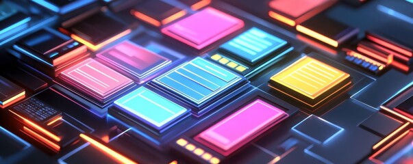 Poster - A vibrant, futuristic digital interface featuring colorful geometric shapes, illuminated by glowing edges, emphasizing technology and innovation.