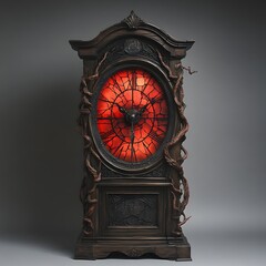 Fototapete - A shadowy corner a demonic grandfather clock of twisted wood looms ominously Its face of cracked glass showcases pulsing red numerals and sinister carvings twist in agony along its body