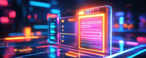 Poster - a futuristic interface displaying vibrant neon elements, featuring interactive panels and a digital 