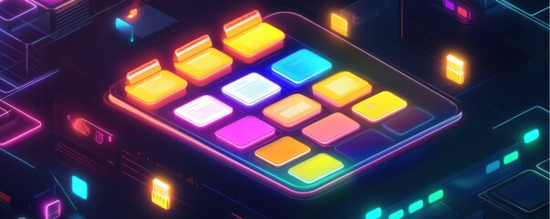 Poster - A vibrant, digital interface featuring colorful buttons on a dark background, suggesting a music creation or electronic device theme.