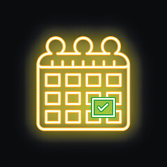 Poster - Neon yellow calendar icon glowing on dark background with check mark signifying an important appointment