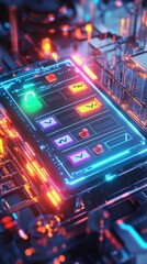 Poster - a vibrant, futuristic interface with glowing buttons and circuitry, creating a high-tech ambiance.
