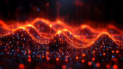 Poster - A vibrant visualization of flowing waves made of glowing dots, creating a dynamic representation of data or sound
