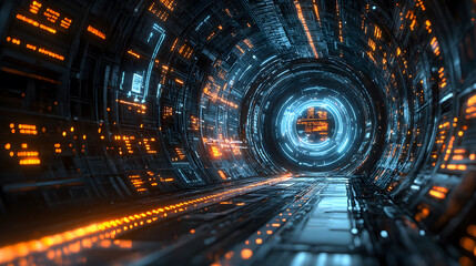 Aufkleber - A futuristic tunnel with glowing blue and orange lights, featuring a sleek design and a high-tech atmosphere