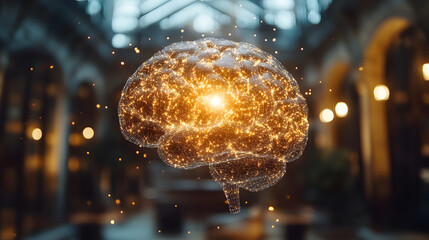Poster - A glowing brain made of interconnected particles, symbolizing intelligence and creativity, set in an elegant indoor space with soft lighting