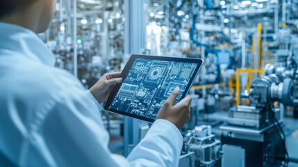 Poster - Smart industry 4.0 mangement control system concept.Hands holding tablet on blurred Chemical plant refinery industrial equipment as background