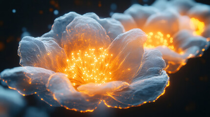 Poster - A vibrant digital rendering of glowing flowers, showcasing intricate petals and luminous centers against a dark, blurred background