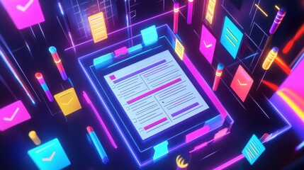 Poster - A vibrant digital workspace with colorful icons and a central document, showcasing a modern, tech-driven environment.