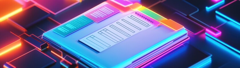 Poster - A vibrant, futuristic digital workspace showcasing illuminated folders and a document, emphasizing technology and organization.
