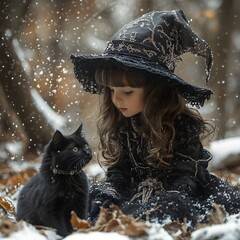 Poster - A snowcovered forest a 5yearold gothic witch in a dark fairy outfit adorned with silver embroidery plays with snow her black cat gleefully chasing falling snowflakes around her