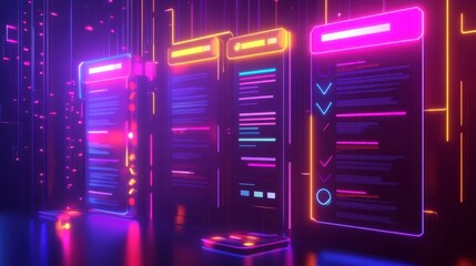 Poster - A vibrant digital display featuring glowing screens with colorful text and symbols, set against a futuristic, neon-lit background.