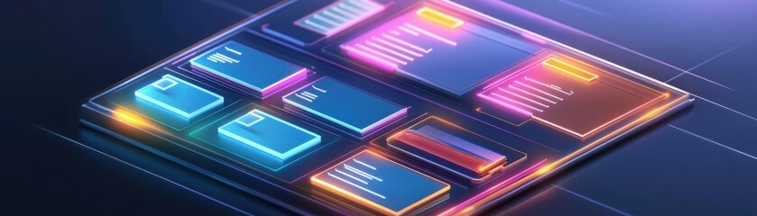 Poster - a vibrant digital interface featuring colorful panels and glowing text, representing advanced techno