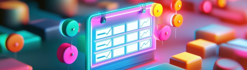 Poster - a vibrant, digital interface with colorful buttons, displaying data or images, set against a blurred