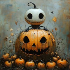 Poster - A whimsical Halloween setting a stylized character with hollow eyes and a stitched smile sits atop a textured pumpkin surrounded by small pumpkins and swirling vines