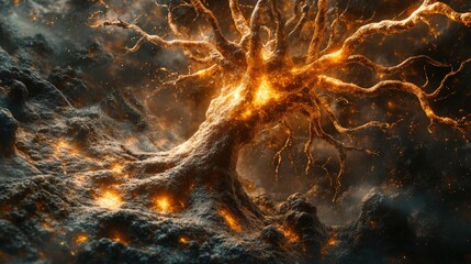 Poster - Large tree engulfed in flames with bright orange fire and dense smoke rising into the sky