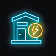 Poster - Glowing neon icon of a house with a lightning bolt, representing electricity supply or power