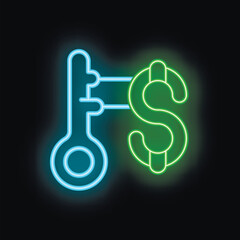 Poster - Glowing neon key is unlocking financial success, as represented by a vibrant dollar sign, against a dark background