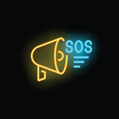 Poster - Glowing neon icon of a megaphone announcing an sos signal
