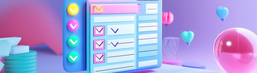 A vibrant, digital interface displays a checklist with colorful buttons and playful balloons, conveying a fun approach to task management.