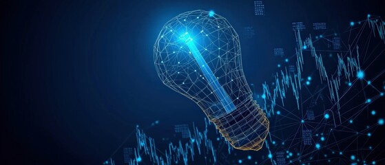 Aufkleber - Light bulb illuminated against blue background with data lines for technology and innovation concepts