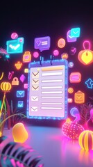 Poster - a vibrant, digital checklist surrounded by colorful icons representing communication and security in