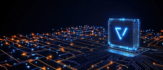 Poster - Computer circuit board with glowing blue letter v in the center surrounded by electronic components