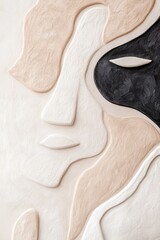 Poster - Abstract composition displays fine black and white line art of faces, softly lit against a pastel beige background, evoking a serene and modern aesthetic
