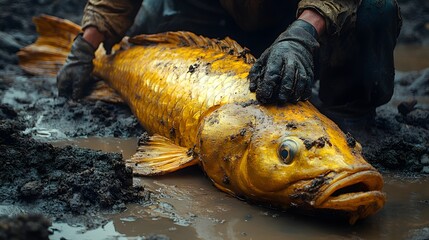 Poster - The dark a miner uncovers a large golden fish figure from the muddy soil photorealistic closeup with minimal lighting some parts of the fish still covered in dirt creating a dramatic scene