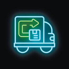 Poster - Glowing blue and green neon delivery truck symbol with a cardboard box and a return arrow