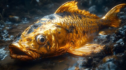 Poster - The dark a miner uncovers a large golden fish figure from the muddy soil photorealistic closeup with minimal lighting some parts of the fish still covered in dirt creating a dramatic scene