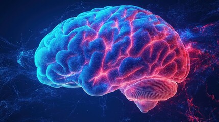 Poster - Brain illustration on a blue and red abstract background with detailed neural connections and patterns