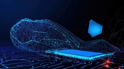 Poster - Computer chip with glowing blue light on top showcasing technology and innovation in electronics