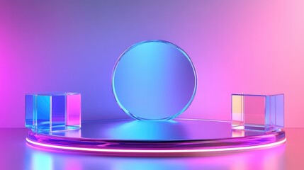 Poster - Abstract D innovation concept with floating holographic cubes, neon accents, and futuristic tech-driven copy space.