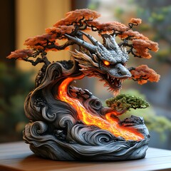 Poster - Intricate bonsai tree shaped like dragon its magmacracked skin glowing fire spewing from its mouth Volcano erupting hot lava behind the scene is dynamic and epic with detailed artistry