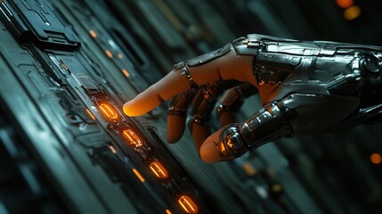 Poster - Robot hand making contact with a wall illuminated by a glowing orange light in a futuristic setting