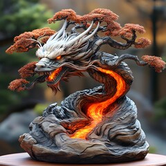 Poster - Intricate bonsai tree shaped like dragon its magmacracked skin glowing fire spewing from its mouth Volcano erupting hot lava behind the scene is dynamic and epic with detailed artistry