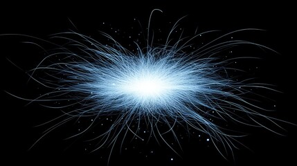 Poster - Abstract cyber explosion of digital light fragments, glowing blue particles scattering across a dark background with copy space.