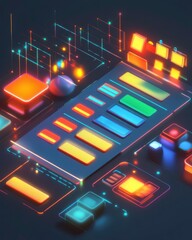 Poster - a vibrant, futuristic digital interface with glowing buttons and shapes, showcasing colorful element