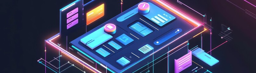 Poster - a vibrant, futuristic interface featuring buttons and panels, illuminated by neon colors against a d