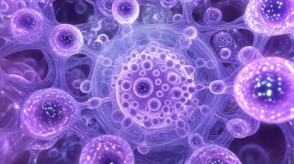 Poster - Abstract molecular nanotechnology with intricate geometric structures and glowing dots, with ample space in the center for copy or graphic design.