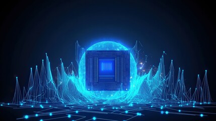 Poster - Futuristic city skyline illuminated by glowing blue lights at night with modern architecture and technology