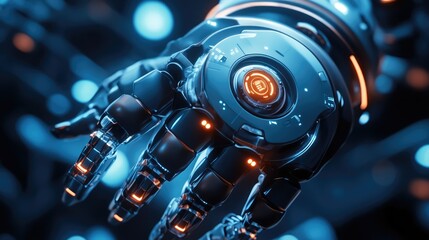 Poster - Abstract robotics design with glowing sensors, mechanical arms, and digital technology elements blending into a seamless copy space.