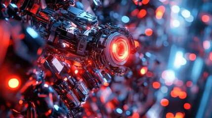 Poster - Abstract robotics design with glowing sensors, mechanical arms, and digital technology elements blending into a seamless copy space.