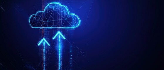 Poster - Cloud with multiple arrows pointing outward in various directions against a blue sky background