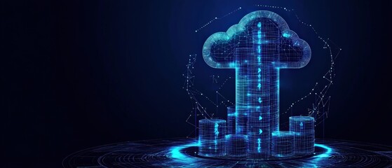Poster - Cloud computing machine with digital interface on a blue background showcasing technology and innovation