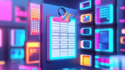 Poster - a vibrant, futuristic workspace featuring a clipboard with a blank checklist, illuminated by colorfu