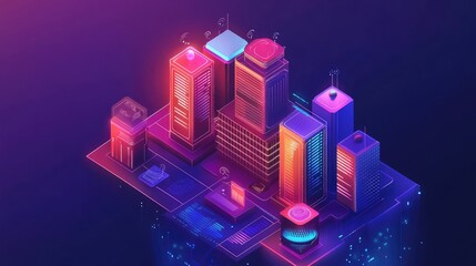 Poster - AI-powered Internet of Things visualization with holographic smart city elements, interconnected devices, and a futuristic tech copy space.
