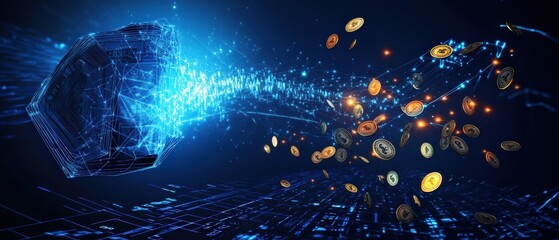 Poster - Coin emerging from a computer screen representing digital currency or online transactions