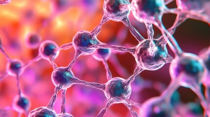 Poster - Close-up of molecular nanotechnology with glowing connections and fine details, creating a textured backdrop with space for branding or creative design.