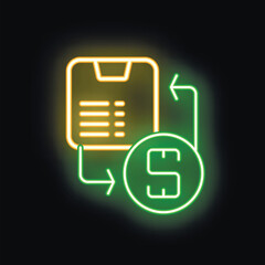 Poster - Glowing neon icon of document with text lines exchanging for money, business deal or purchase concept